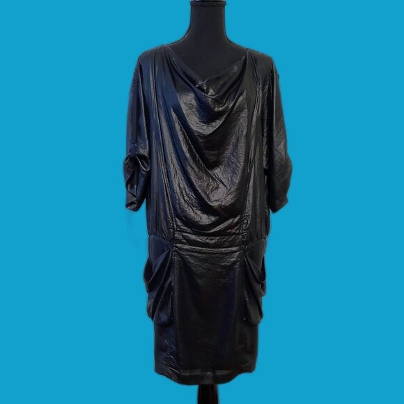 BCBGMAXAZRIA Black Dolman Sleeve Wet Look Cowl Neck Mini Dress Size Small - Picture 2 of 10